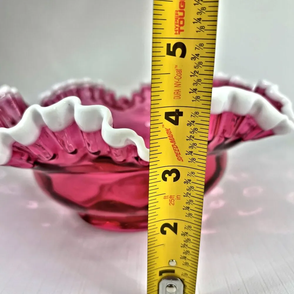 Vintage Ruffled Cranberry Brides Basket Fenton White Crest Metal Holder Victoria